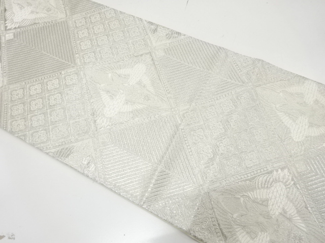 JAPANESE KIMONO / FUKURO OBI / SILK / WOVEN CRANES & YOUNG PINE & FLORAL RHOMBUS